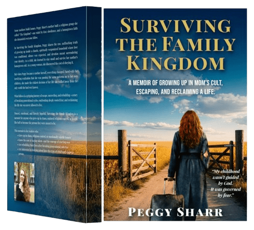 Book cover of "Surviving the Family Kingdom" by Peggy Sharr with a woman looking at a fence.