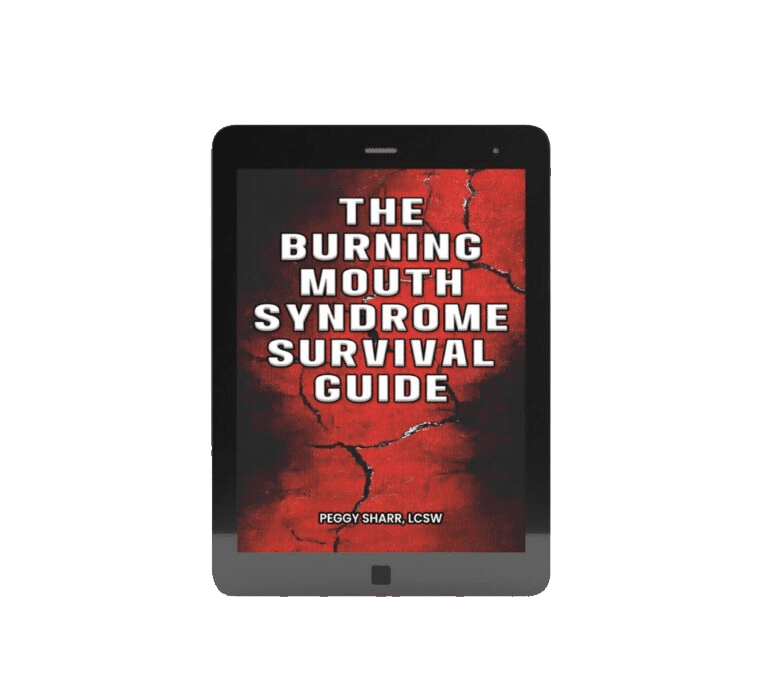 E-book titled 'The Burning Mouth Syndrome Survival Guide' on a digital tablet.